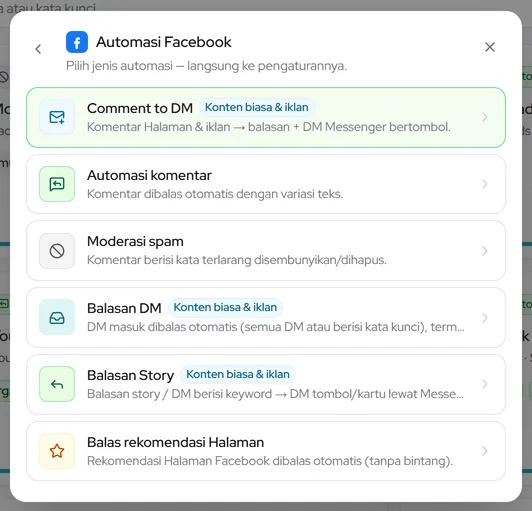 Popup Automasi Facebook: daftar jenis automasi yang tersedia