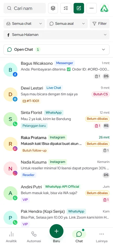 Chat di ponsel: daftar percakapan selebar layar dengan tombol Filter