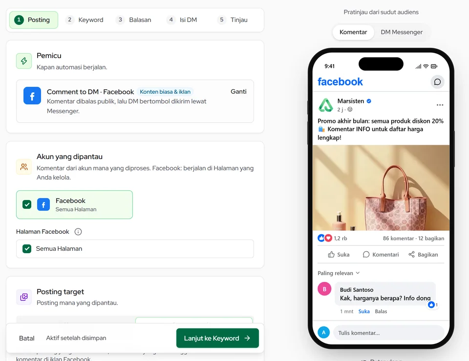 Comment to DM Facebook: akun & Halaman yang dipantau, lalu posting target