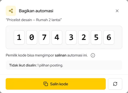 Popup Bagikan automasi: kode 8 angka, Salin kode, dan buat kode baru