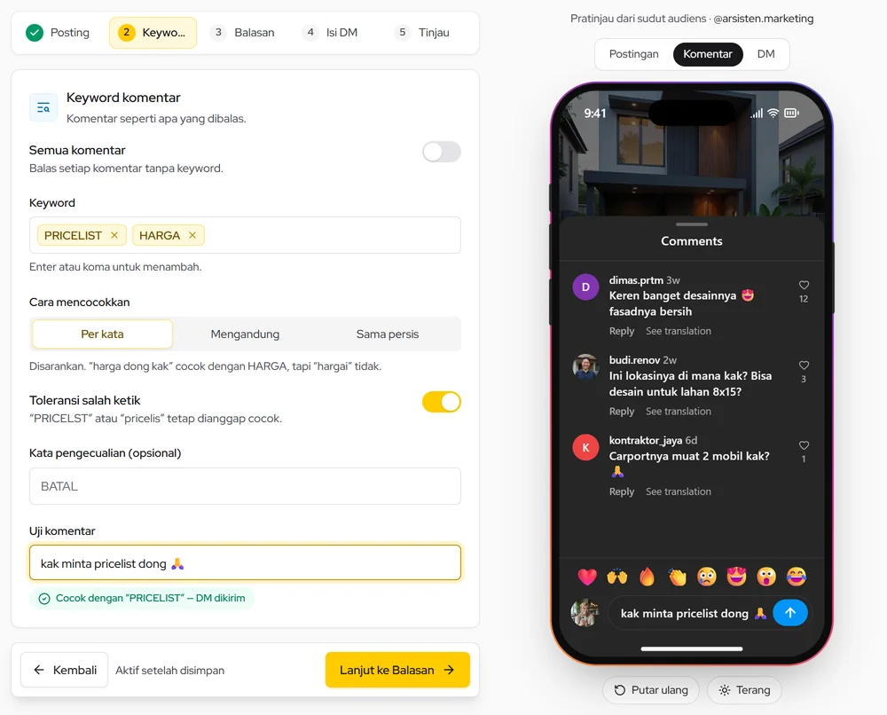 Langkah Keyword: isi keyword, cara mencocokkan, dan uji komentar