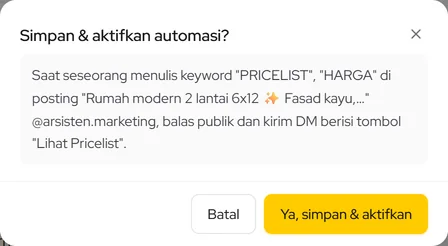 Dialog konfirmasi Simpan & aktifkan automasi berisi ringkasan