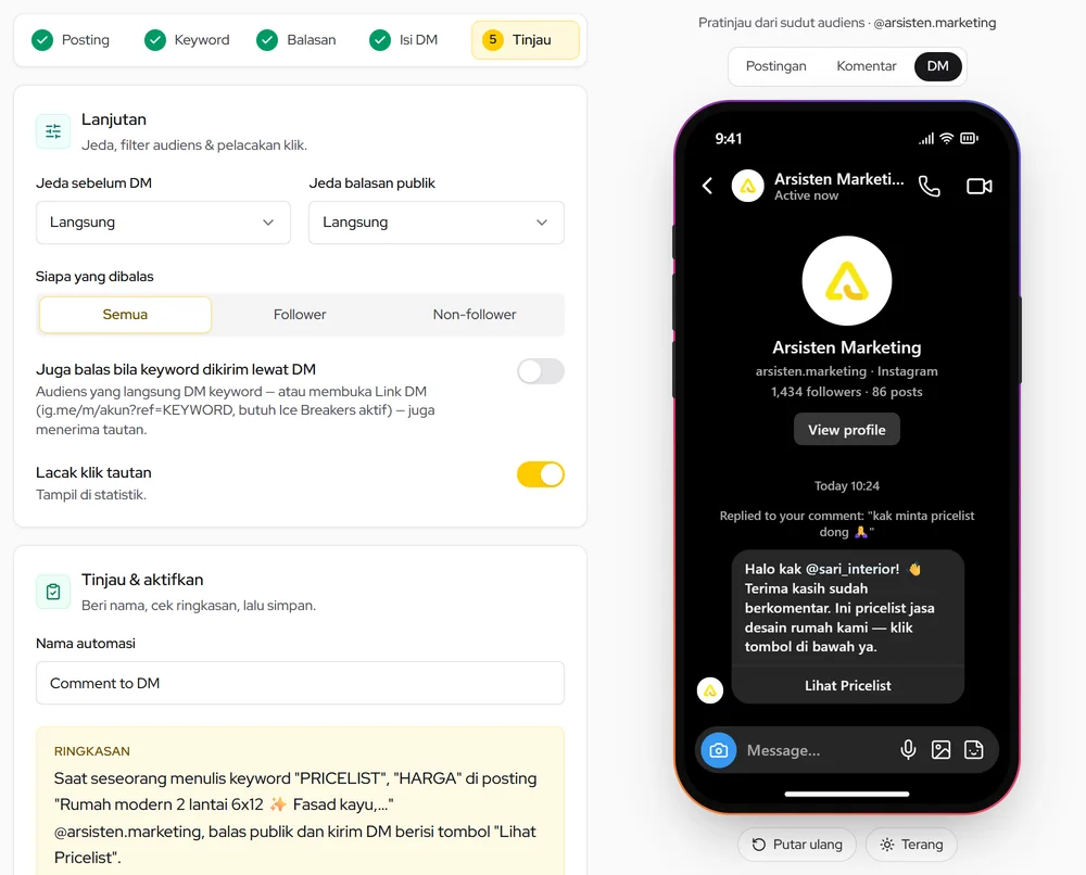 Bagian Lanjutan: jeda, siapa yang dibalas, balas keyword lewat DM, lacak klik