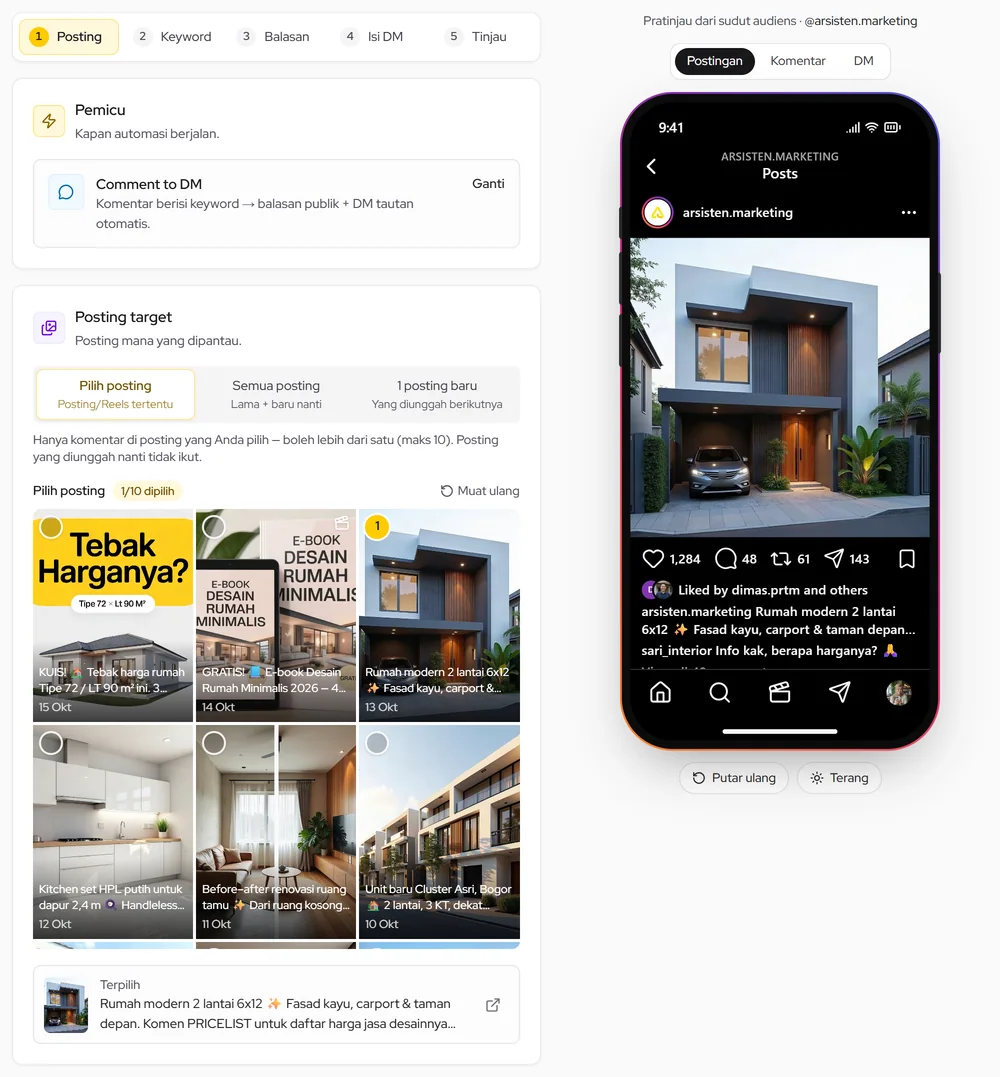 Langkah Posting: pilih mode Posting target lalu klik posting/Reels yang dipantau