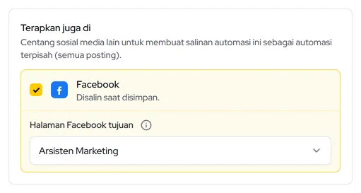 Terapkan juga di: centang Facebook lalu pilih Halaman tujuan