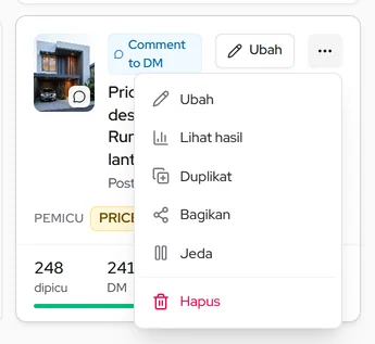 Menu ⋯ kartu automasi: Ubah, Lihat hasil, Duplikat, Bagikan, Jeda, Hapus