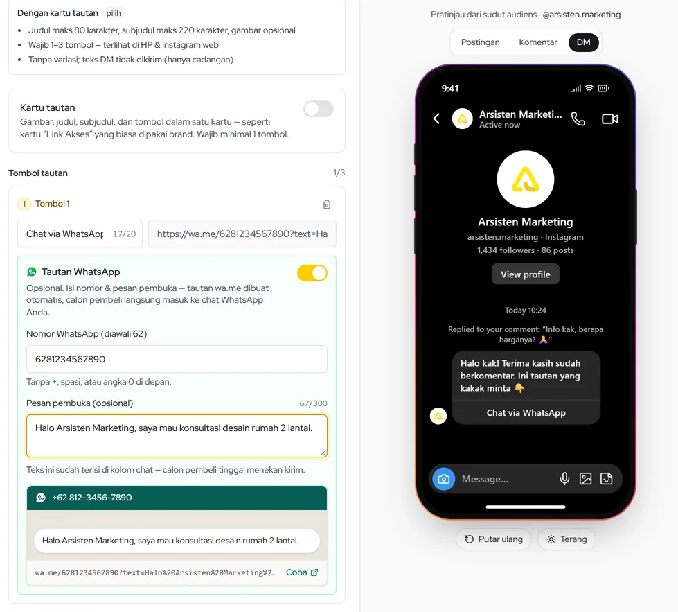 Tombol Tautan WhatsApp: isi nomor dan pesan pembuka