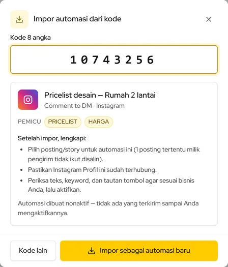 Popup Impor automasi dari kode: kode 8 angka, ringkasan automasi, lalu Impor sebagai automasi baru