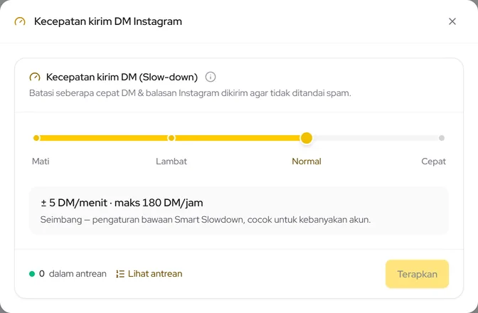 Kecepatan kirim DM Instagram: pilih Mati, Lambat, Normal, atau Cepat lalu Terapkan