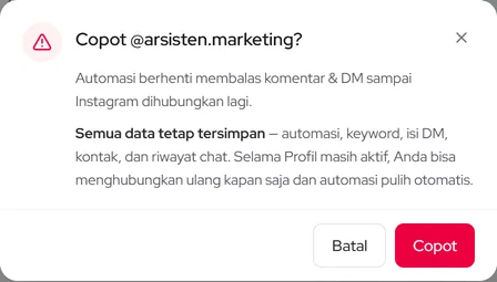 Konfirmasi Copot @arsisten.marketing: automasi berhenti, data tetap tersimpan