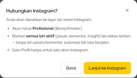 Dialog Hubungkan Instagram? — tekan Lanjut ke Instagram