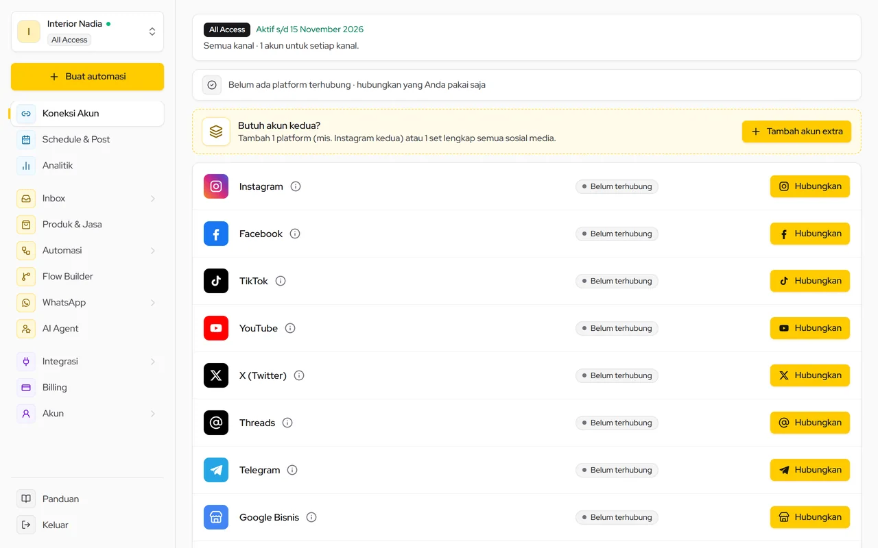 Halaman Koneksi Akun: satu baris per platform, menu Koneksi Akun di sidebar