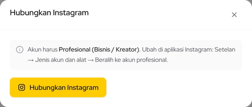 Popup Hubungkan Instagram: syarat akun Profesional dan tombol Hubungkan Instagram