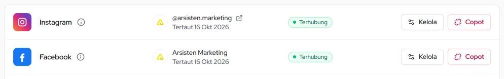 Baris Instagram terhubung: @arsisten.marketing, tanggal tertaut, status Terhubung, tombol Kelola dan Copot