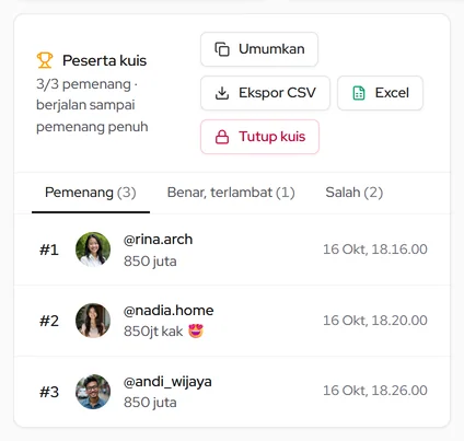 Panel Peserta kuis: tab Pemenang, Benar terlambat, Salah, serta tombol Umumkan, Ekspor, dan Tutup kuis