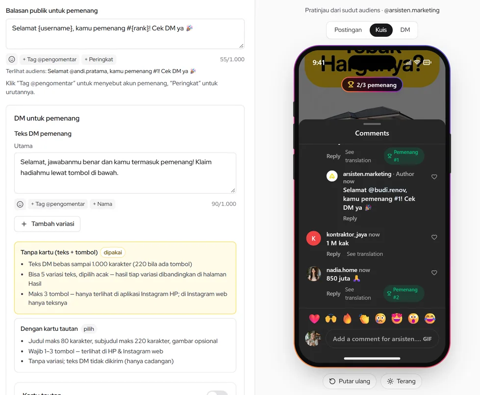 Balasan publik dan DM untuk pemenang