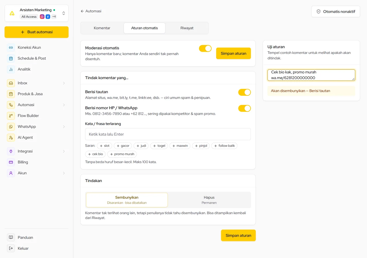 Moderasi tab Aturan otomatis: sakelar, jenis komentar yang ditindak, kata terlarang, tindakan, dan uji aturan