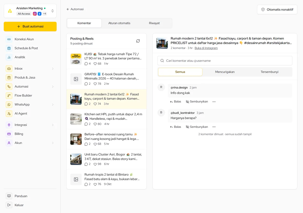 Moderasi tab Komentar: pilih posting, lalu Balas atau Sembunyikan komentar
