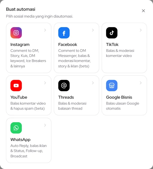 Popup Buat automasi: pilih sosial media Instagram