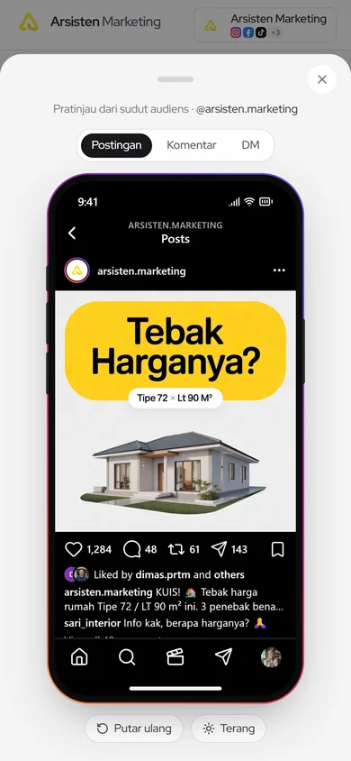 Preview terbuka di ponsel — geser tab Postingan, Komentar, DM