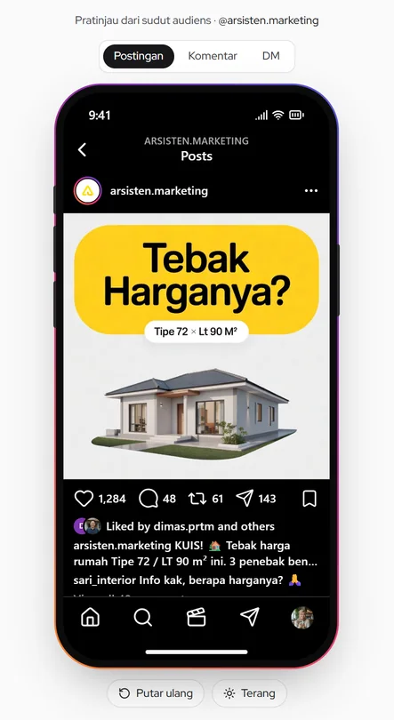 Preview ponsel: tab layar, Putar ulang, dan Terang/Gelap