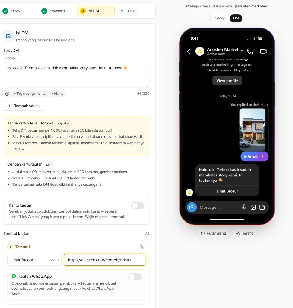 Isi DM untuk audiens yang membalas story