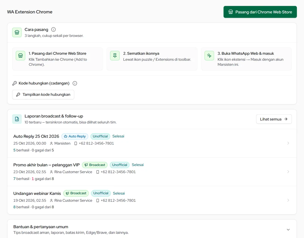 Halaman WA Extension Chrome: tombol Pasang dari Chrome Web Store, cara pasang 3 langkah, dan laporan broadcast & follow-up