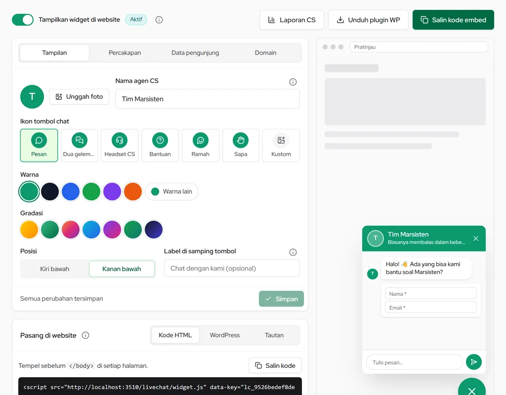 Live Chat Widget: sakelar tampil, tab Tampilan, Percakapan, Data pengunjung, Domain, serta pratinjau widget