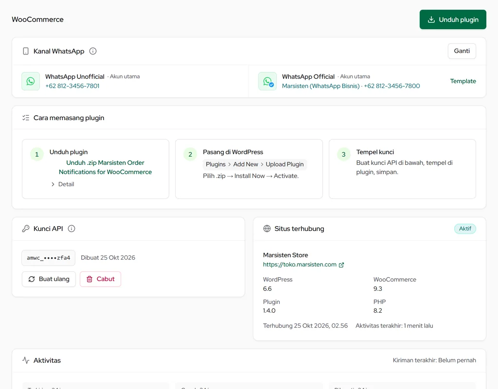 WooCommerce: kanal WhatsApp, cara memasang plugin, kunci API, dan situs terhubung