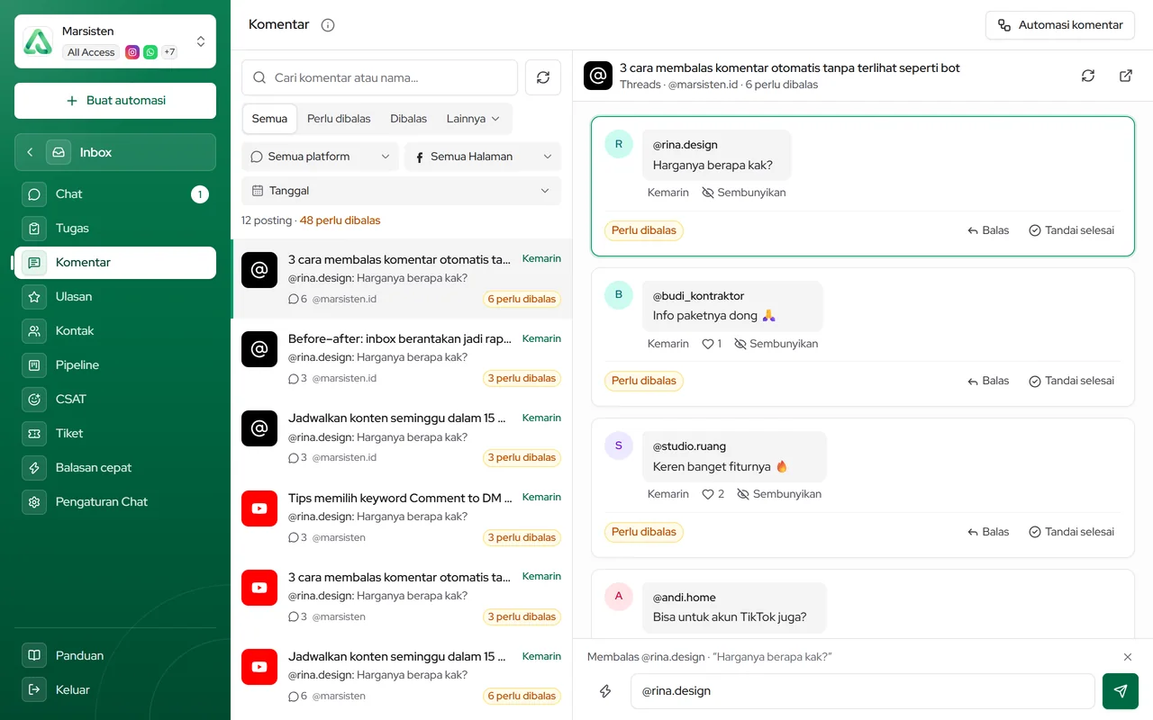 Halaman Komentar: daftar posting, status Perlu dibalas, dan komentar per posting dengan aksi Balas, Sukai, Sembunyikan