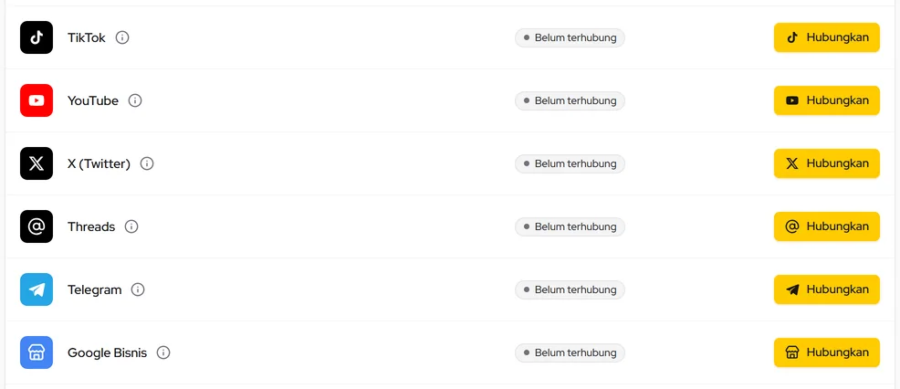 Baris TikTok, YouTube, X, Threads, Telegram, dan Google Bisnis dengan tombol Hubungkan masing-masing