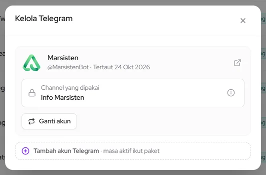 Popup Kelola Telegram: channel yang dipakai bot