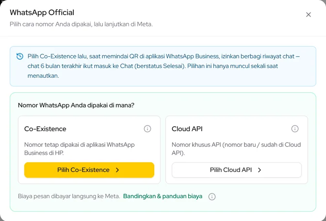 Popup WhatsApp Official: pilih Co-Existence (nomor tetap di aplikasi WhatsApp Business) atau Cloud API