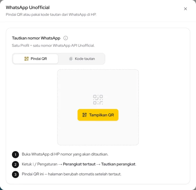 Popup WhatsApp Unofficial: pilih Pindai QR atau Kode tautan, lalu Tampilkan QR