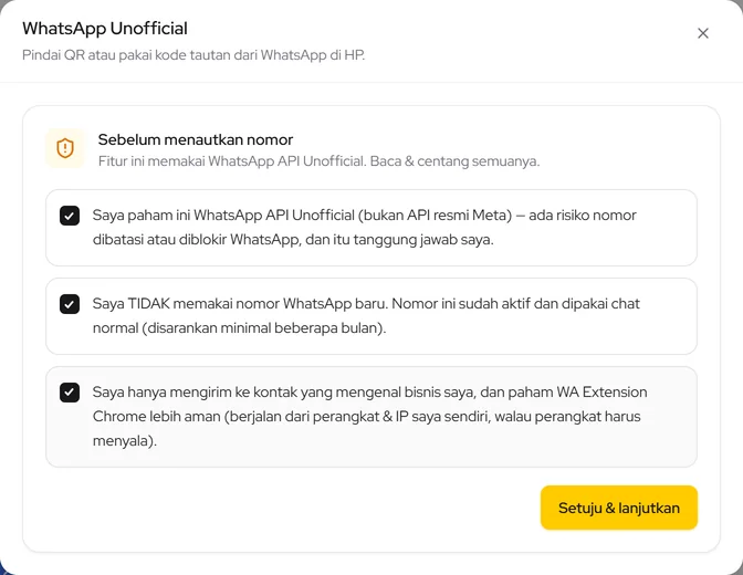 Popup WhatsApp Unofficial: centang ketiga pernyataan lalu Setuju & lanjutkan