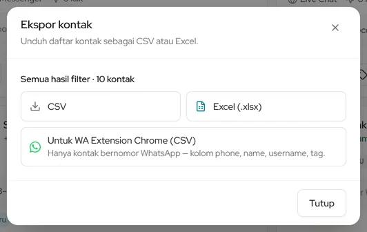 Ekspor kontak: CSV atau Excel, untuk kontak terpilih atau semua hasil filter