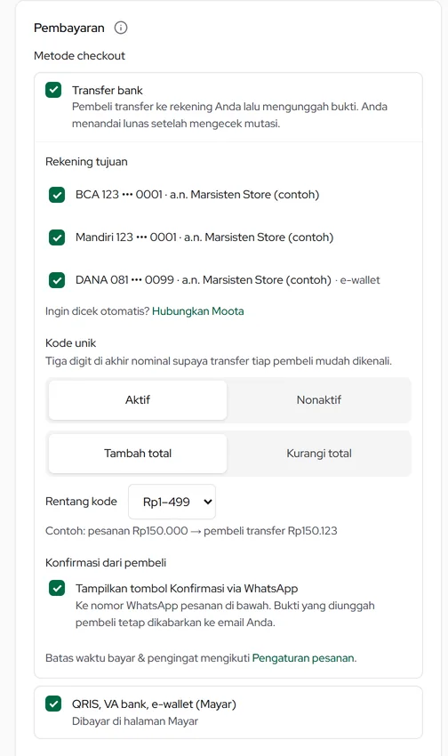 Pengaturan toko › Checkout toko: Mayar, Transfer bank, rekening tujuan, kode unik, dan Konfirmasi via WhatsApp