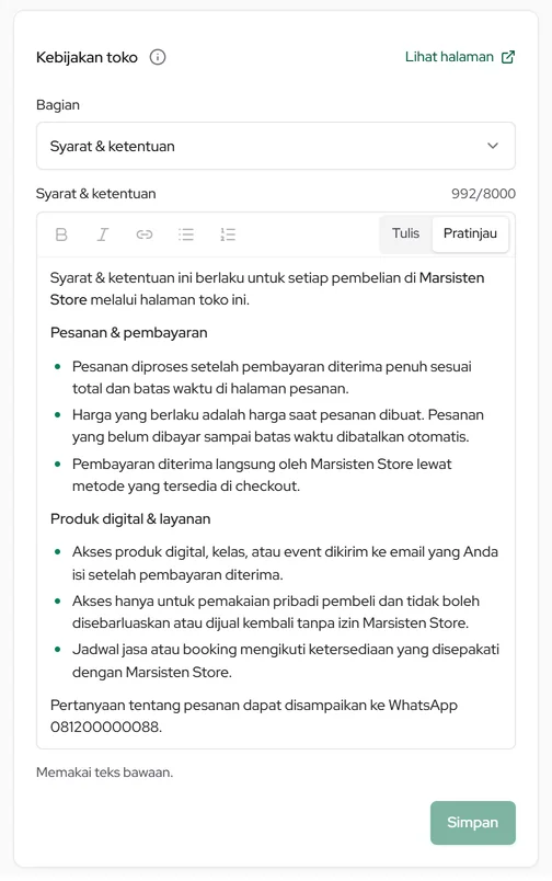 Pengaturan toko › Kebijakan toko: syarat & ketentuan, privasi, dan refund
