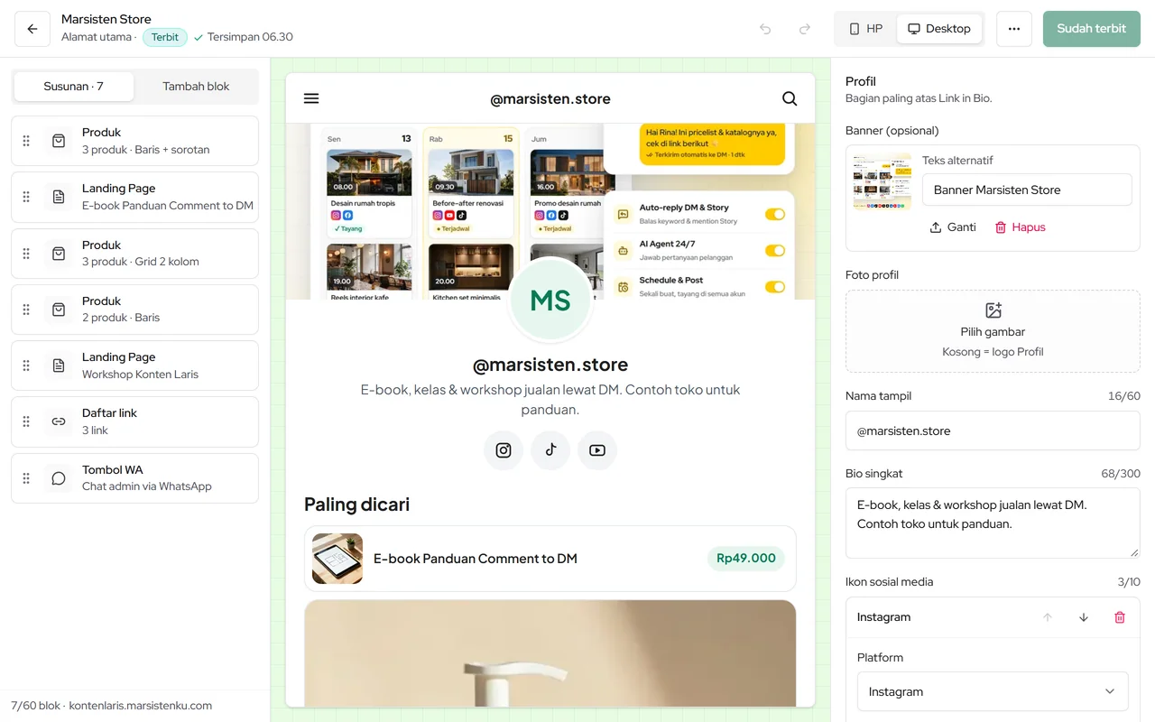 Editor Link in Bio: kepala toko, blok produk, dan Pengaturan halaman
