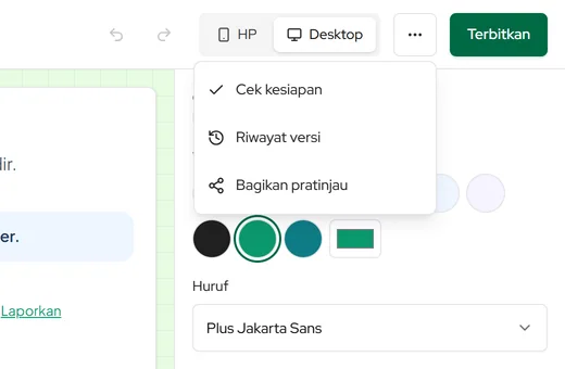 Bilah atas editor: menu lainnya berisi Riwayat versi dan Bagikan pratinjau, lalu tombol Terbitkan