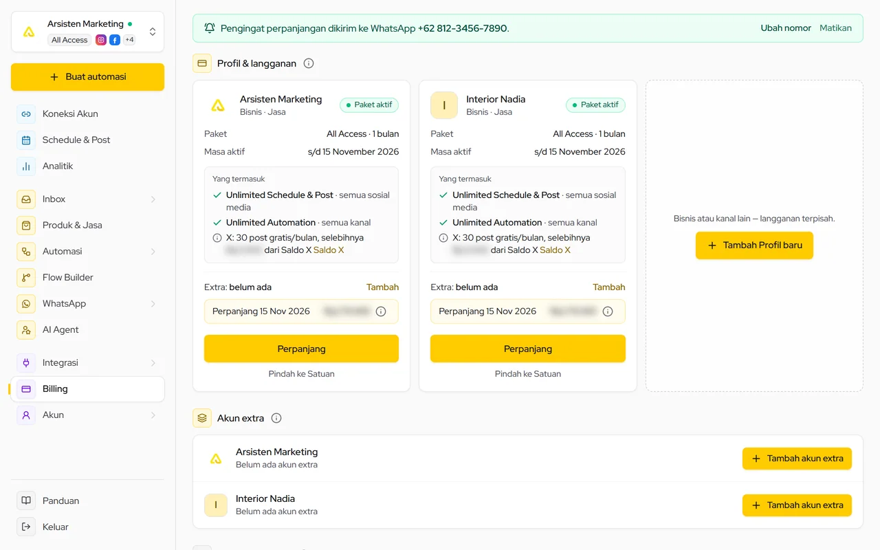 Billing: kartu Profil berisi paket, masa aktif, Perpanjang, serta Tambah Profil baru