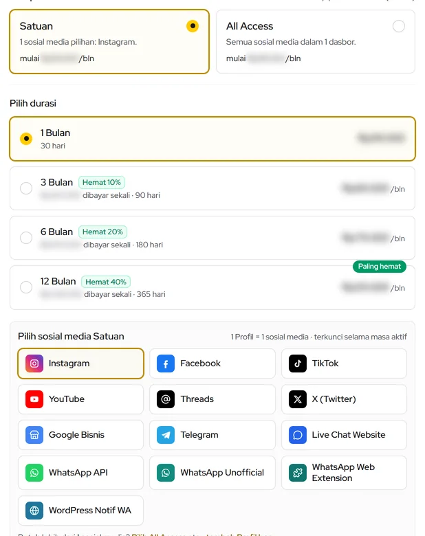 Checkout: pilih paket, durasi, lalu sosial media (untuk Satuan)