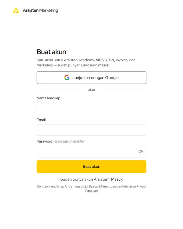 Halaman Buat akun: Lanjutkan dengan Google, atau isi nama, email, dan password lalu Buat akun