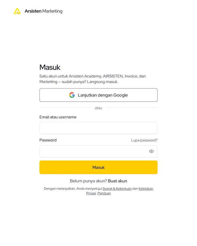 Halaman Masuk: Lanjutkan dengan Google, atau email/username dan password, Lupa password?, lalu Masuk