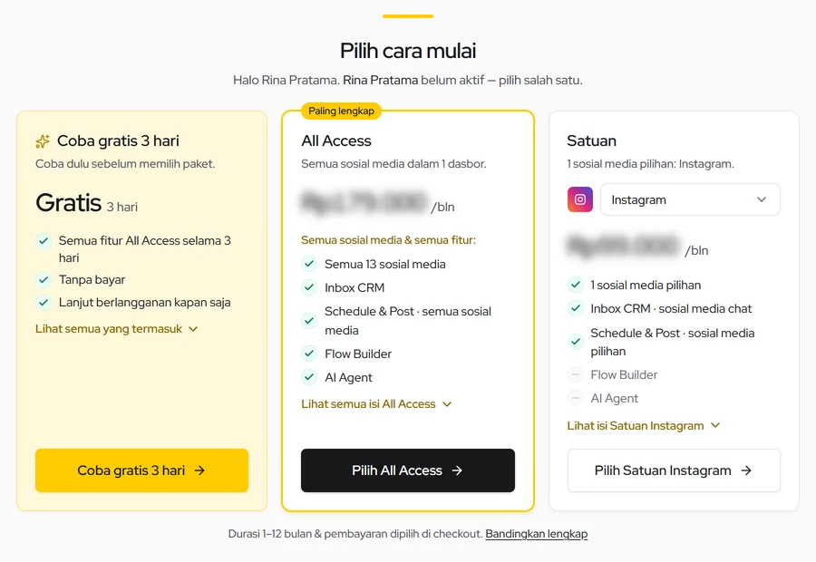 Pilih cara mulai: Coba gratis, All Access, atau Satuan (pilih sosial media)