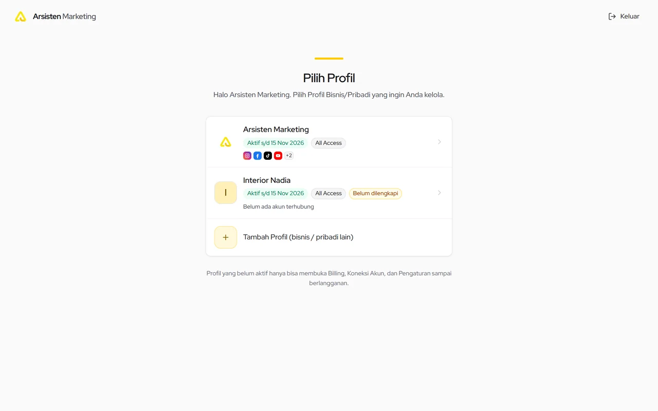 Layar Pilih Profil setelah masuk: klik Profil yang ingin dikelola
