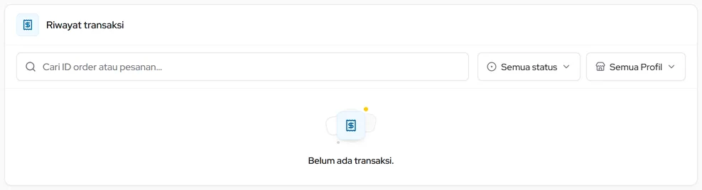 Riwayat transaksi: cari ID order, saring status & Profil