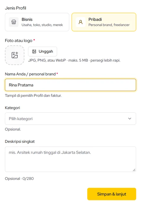 Siapkan Profil Anda: jenis Profil, foto/logo, nama, lalu Simpan & lanjut