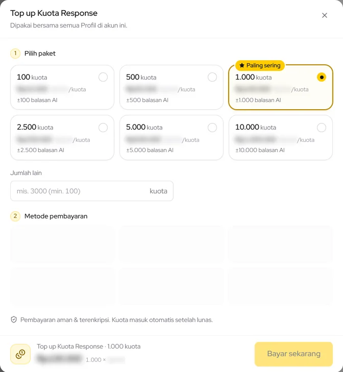 Top up Kuota Response: pilih paket kuota lalu Bayar sekarang
