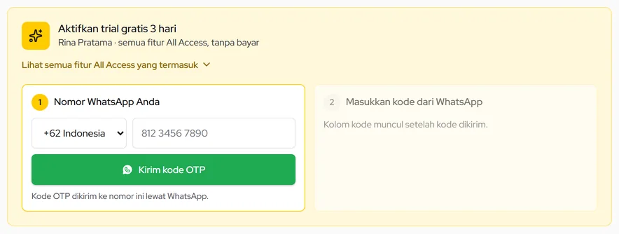 Aktifkan masa coba: pilih negara, isi nomor WhatsApp, lalu Kirim kode OTP